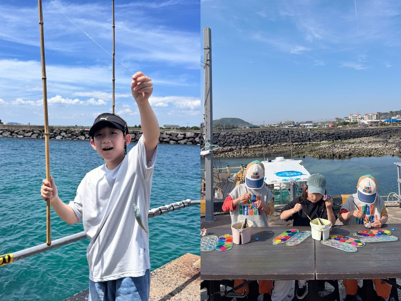 가족 여행객이 선상에서 제주 바다 투어를 즐기며 기념 촬영하는 모습